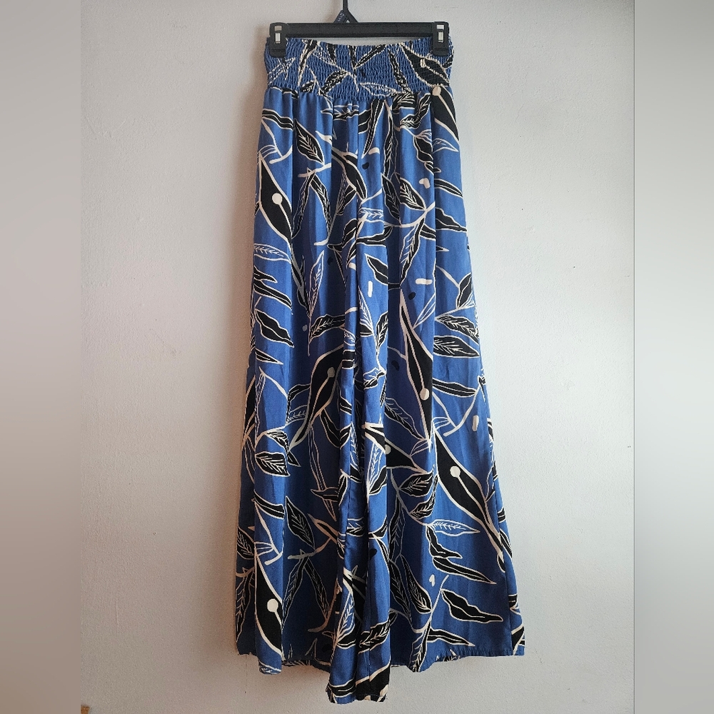 Blue Leaf Print Women's Flare Pants